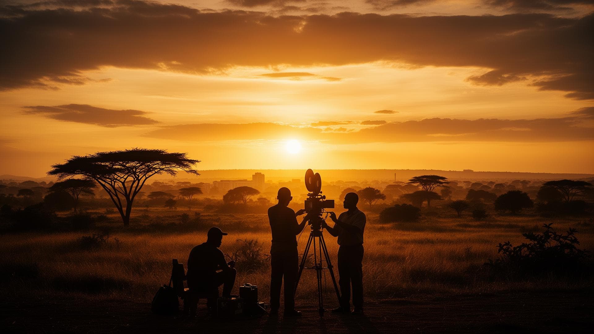 Équipe de tournage au coucher du soleil en Afrique